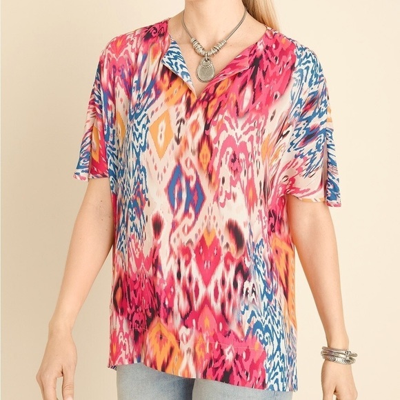 Chico’s Ikat-Print Split-Neck Blouse 3XL Dolman Sleeve Bright Colors Chiffon - Picture 5 of 9